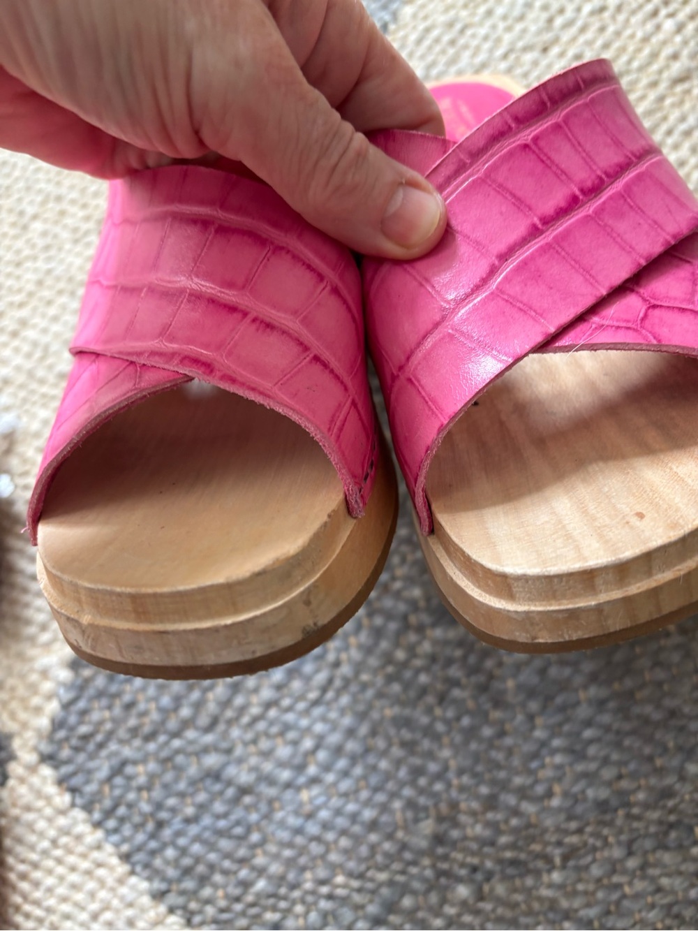 Swedish Hasbeens Hot Pink Crisscross Leather Slide Clogs - Picture 5 of 6